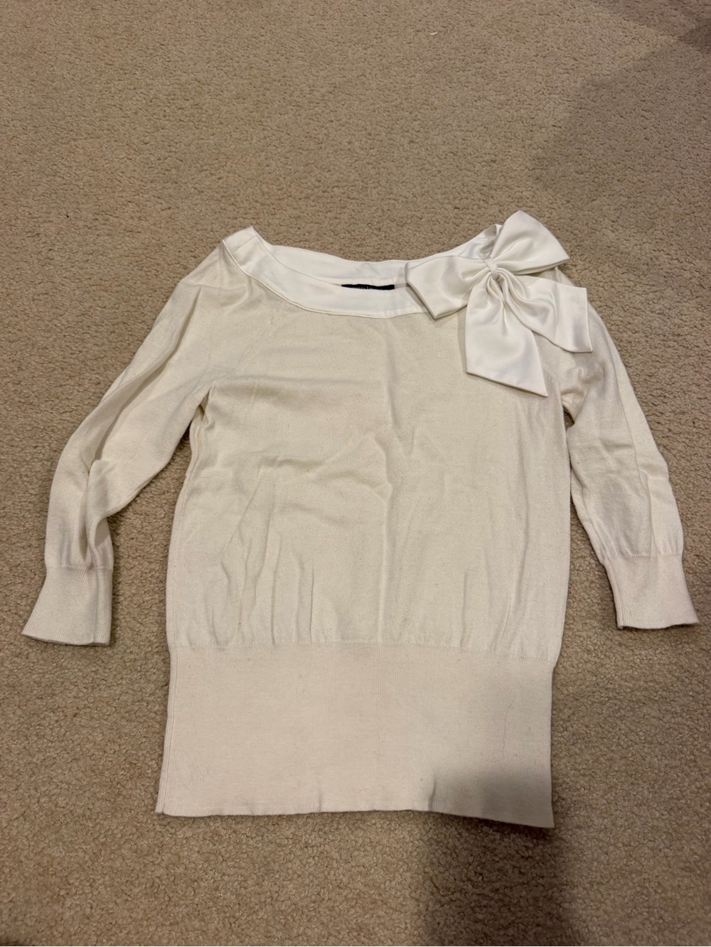 White House Black Market Ivory Off-the-Shoulder Satin Bow Sweater